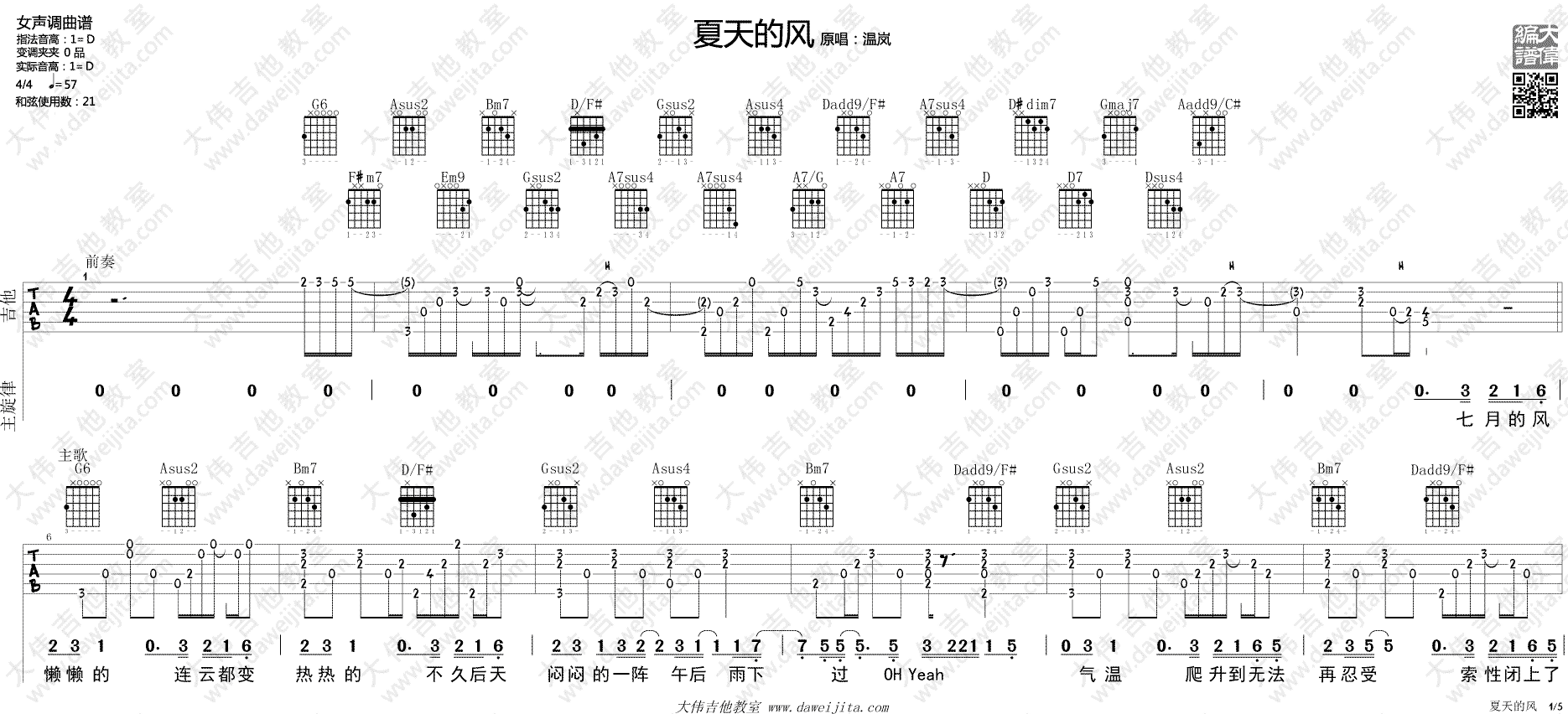 温岚《夏天的风》吉他谱(D调)-Guitar Music Score