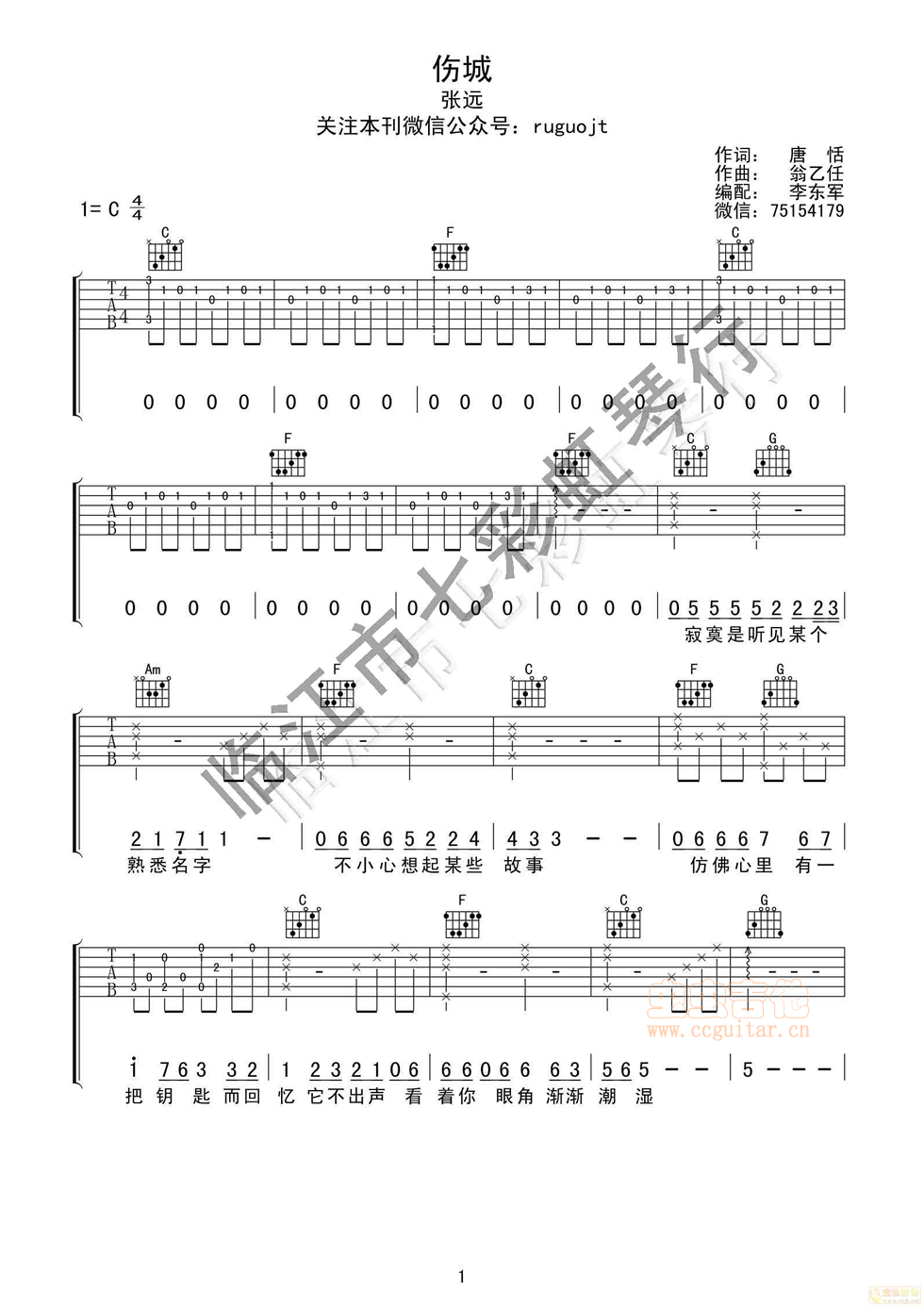 张远《伤城》吉他谱-Guitar Music Score