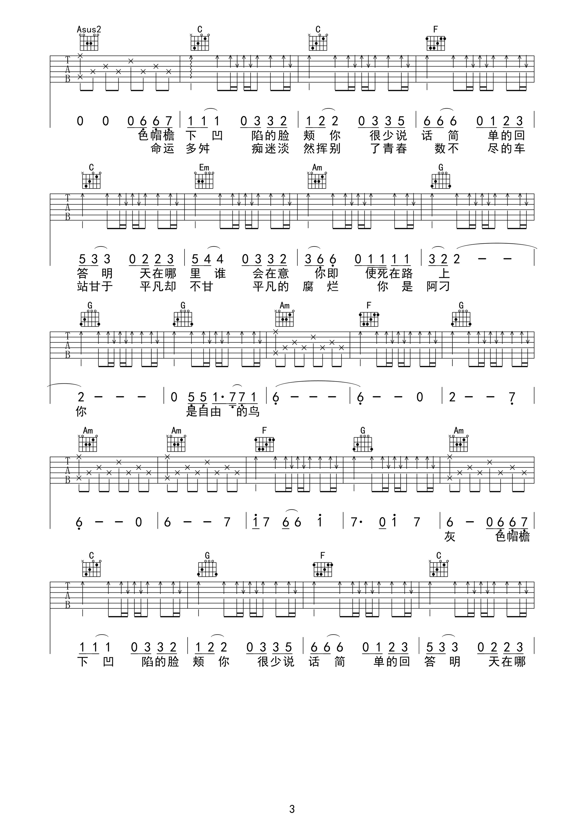赵雷《阿刁》吉他谱(C调)-Guitar Music Score