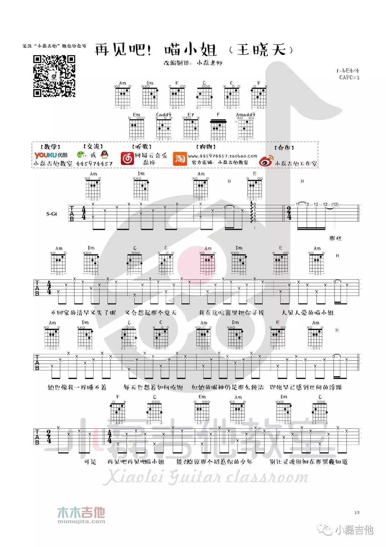 王晓天《再见吧 喵小姐》吉他谱(降E调)-Guitar Music Score