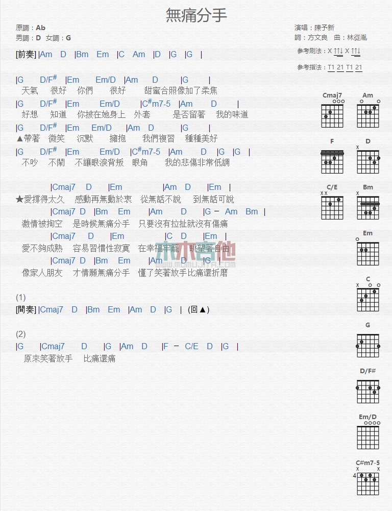 陈予新《无痛分手》吉他谱-Guitar Music Score