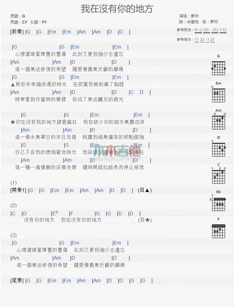 梦然《我在没有你的地方》吉他谱-Guitar Music Score