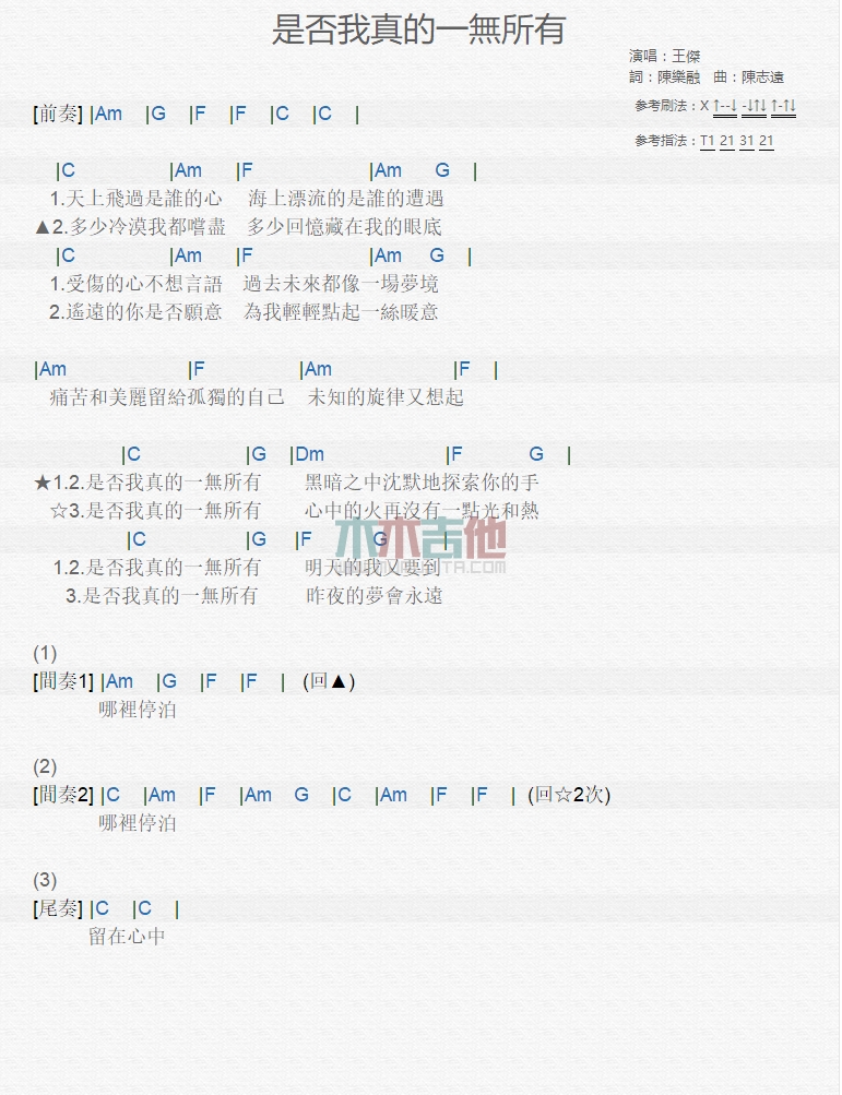 王杰《是否我真的一无所有》吉他谱-Guitar Music Score