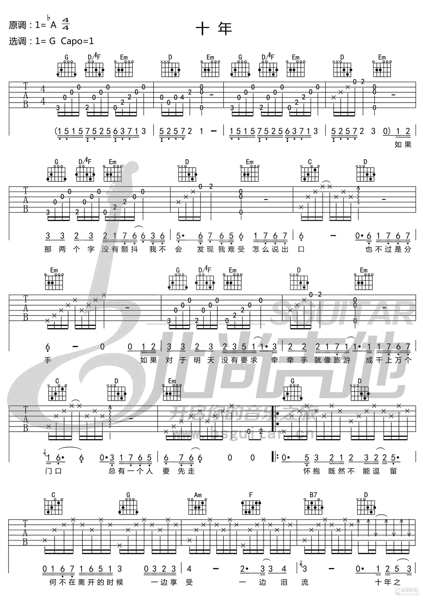 陈奕迅《十年》吉他谱-Guitar Music Score