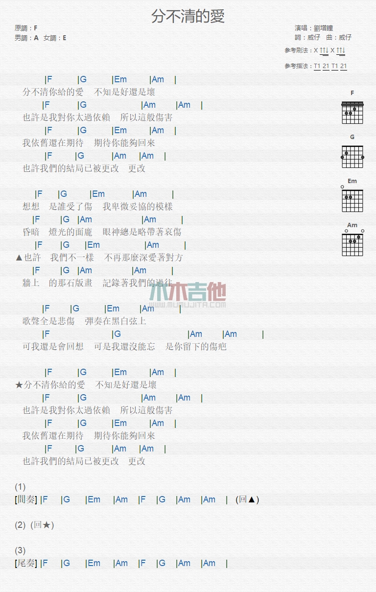 刘增瞳《分不清的爱》吉他谱-Guitar Music Score