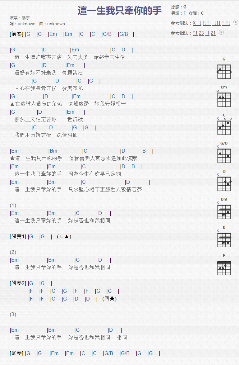 张宇《这一生我只牵你的手》吉他谱-Guitar Music Score