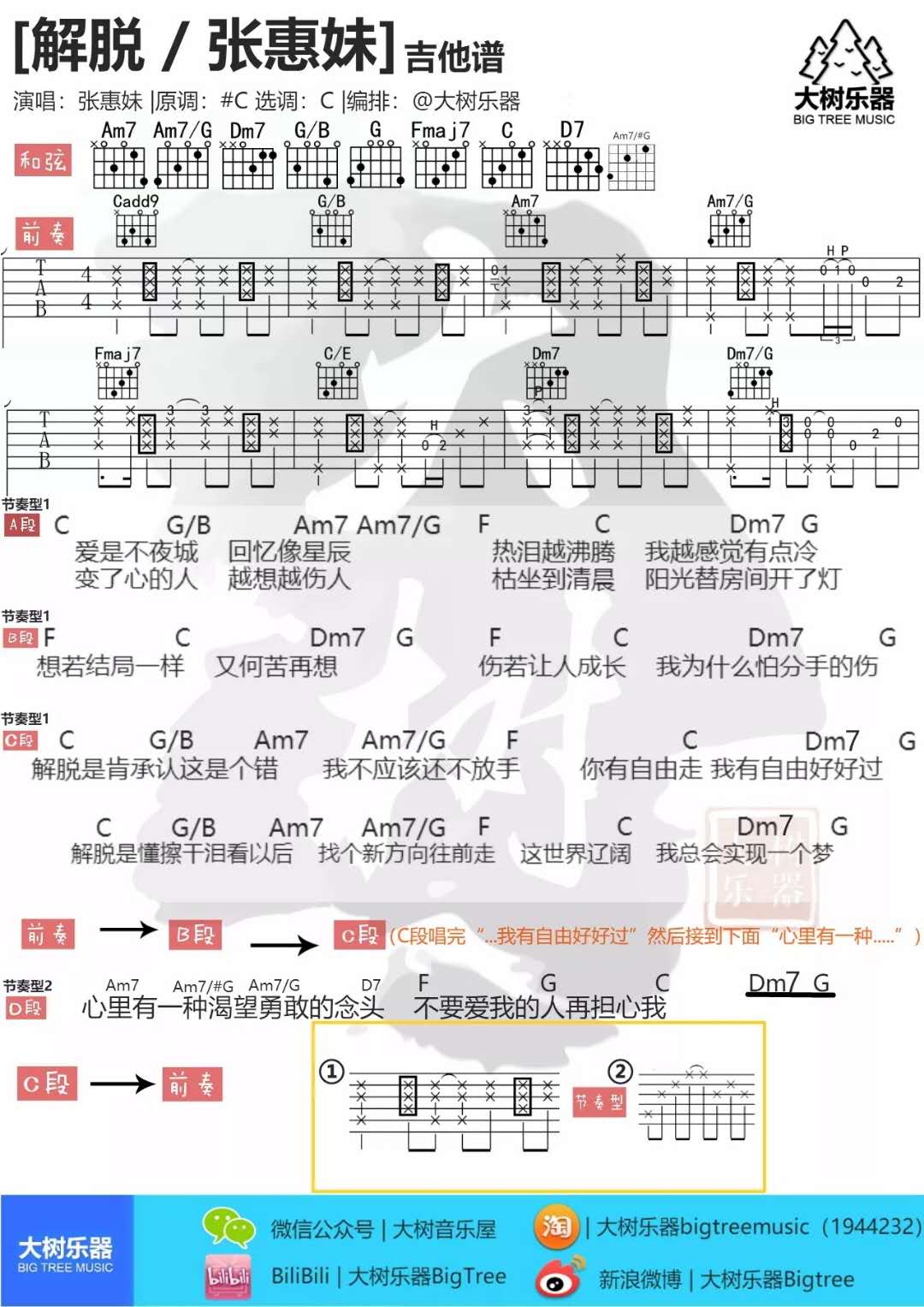 张惠妹《解脱》吉他谱(C调)-Guitar Music Score