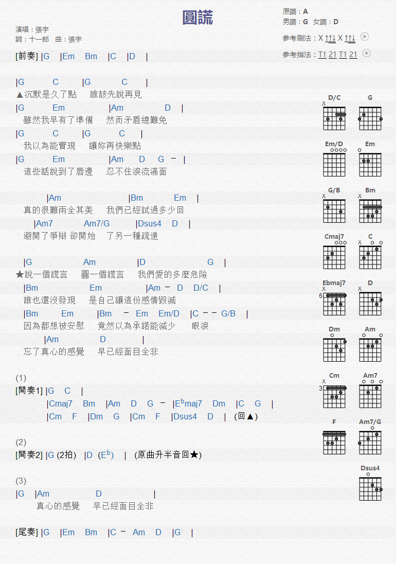 张宇《圆谎》吉他谱-Guitar Music Score