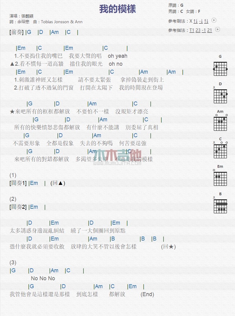 张靓颖《我的模样》吉他谱-Guitar Music Score