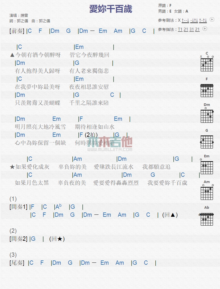 陈雷《爱你千百岁》吉他谱-Guitar Music Score