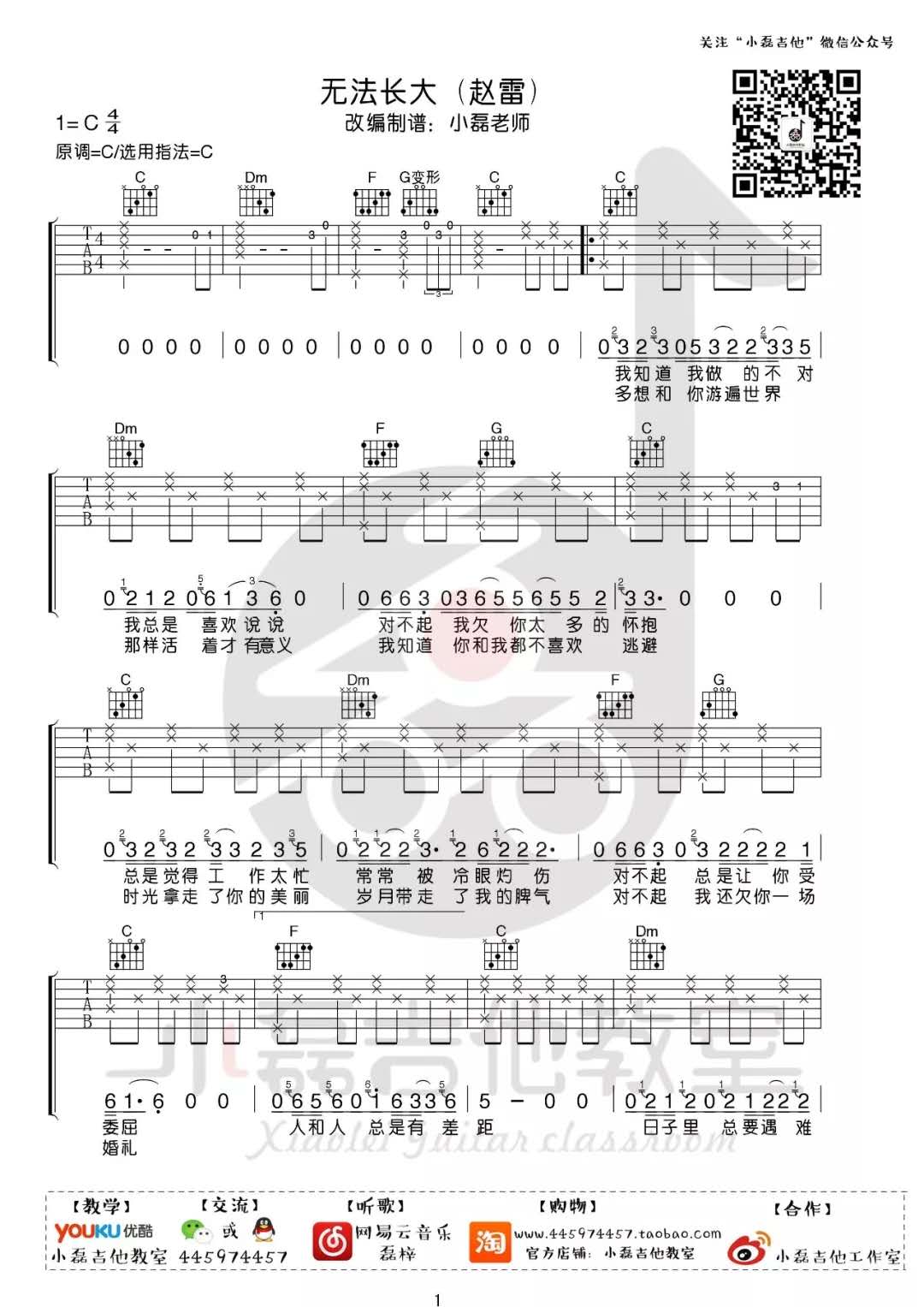 赵雷《无法长大》吉他谱(C调)-Guitar Music Score