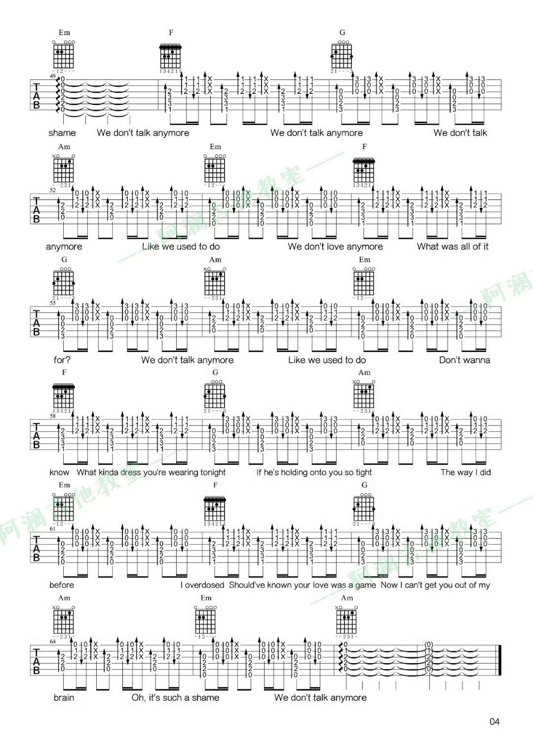 Charlie,Puth,Selena,Gomez《We Dont Talk Anymore》吉他谱(F调)-Guitar Music Score