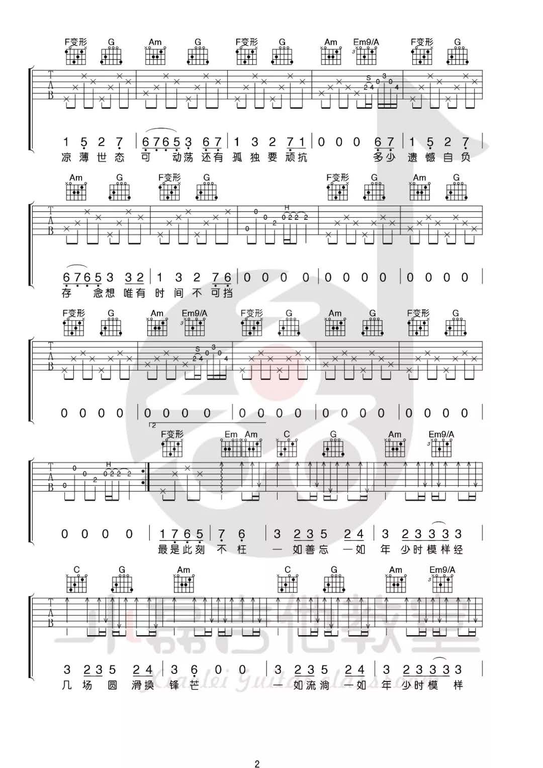 陈鸿宇《一如年少模样》吉他谱(F调)-Guitar Music Score