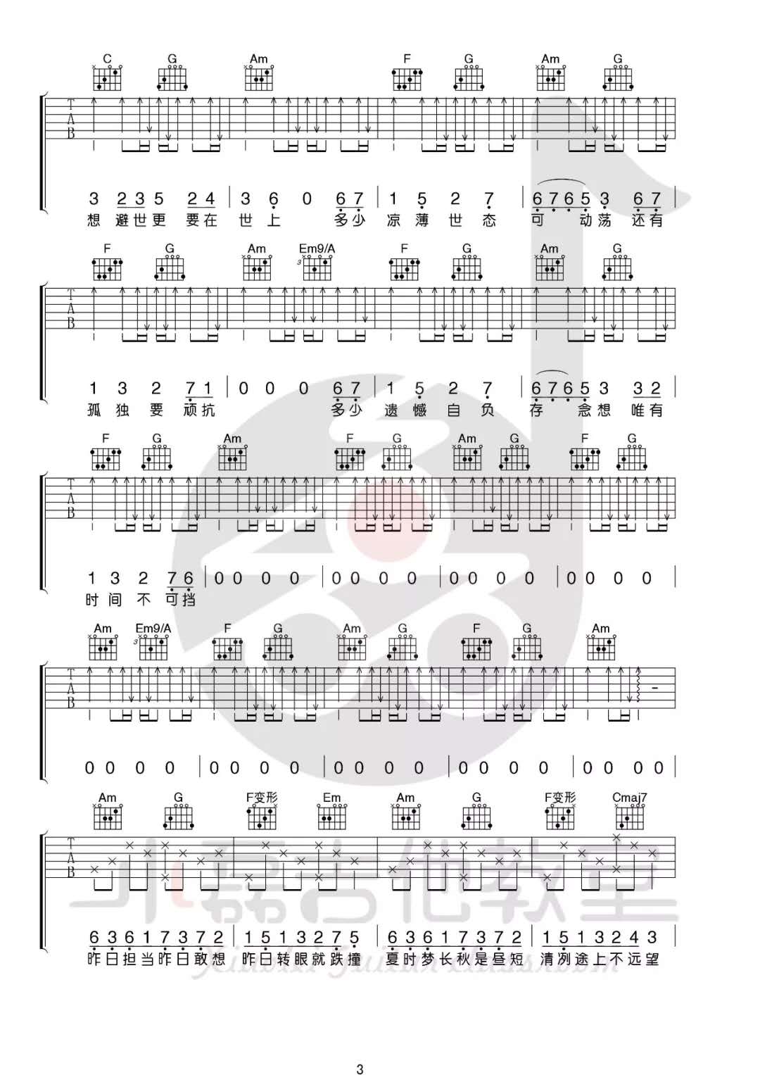 陈鸿宇《一如年少模样》吉他谱(F调)-Guitar Music Score