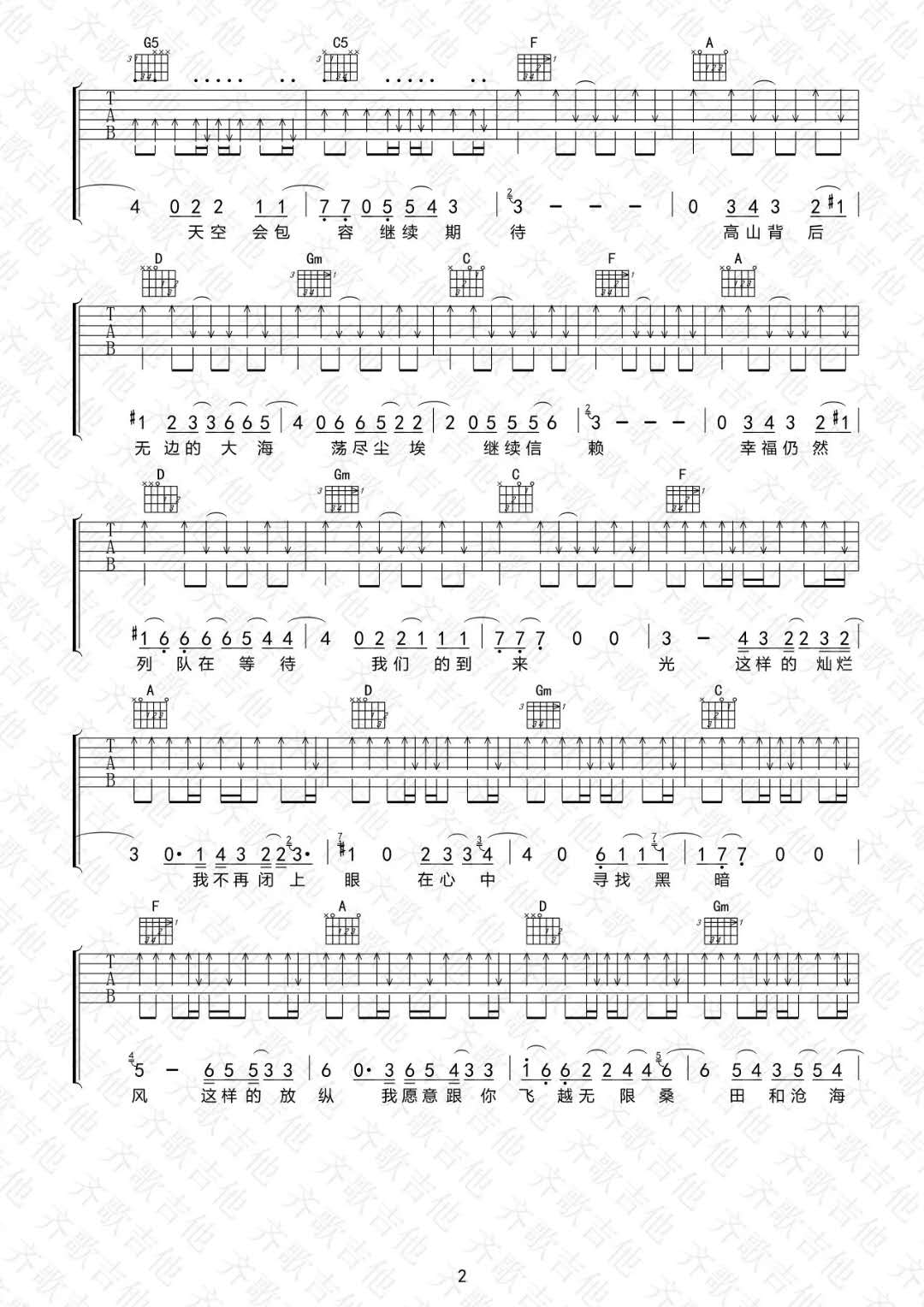 高旗&超载《魔幻蓝天 不插电版 》吉他谱(F调)-Guitar Music Score