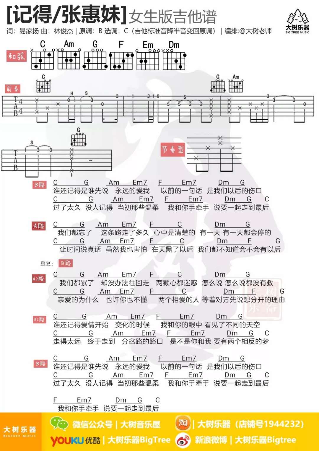 张惠妹《记得》吉他谱(C调)-Guitar Music Score