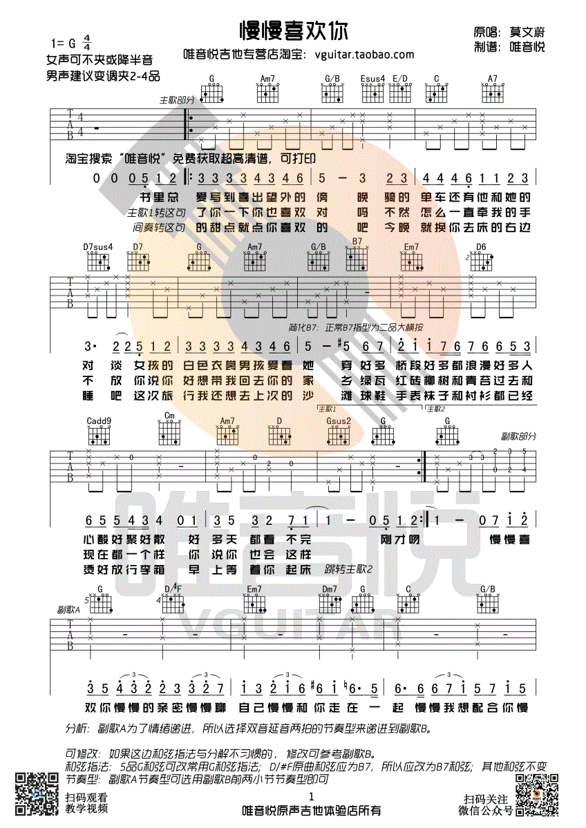 莫文蔚《慢慢喜欢你》吉他谱(G调)-Guitar Music Score