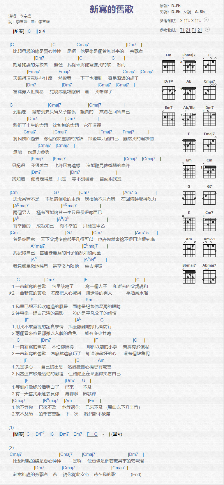 李宗盛《新写的旧歌》吉他谱(D转降E调)-Guitar Music Score