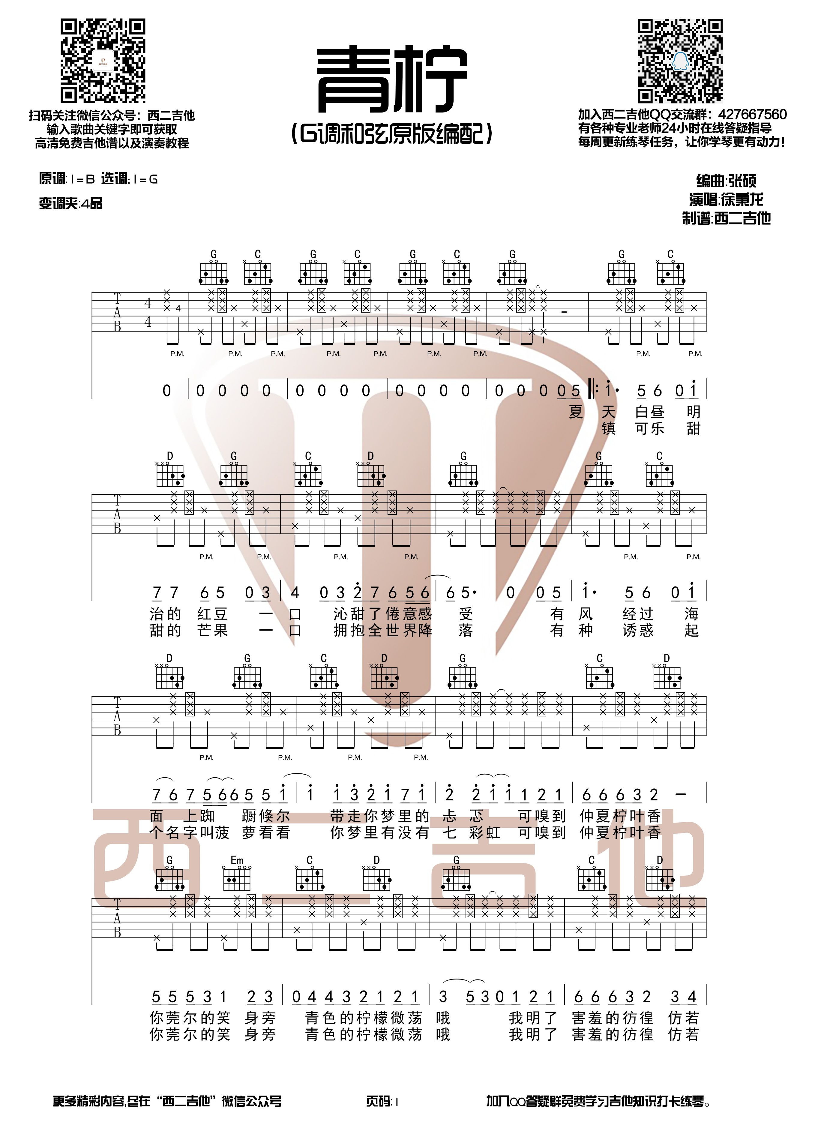 徐秉龙《青柠》吉他谱(G调)-Guitar Music Score