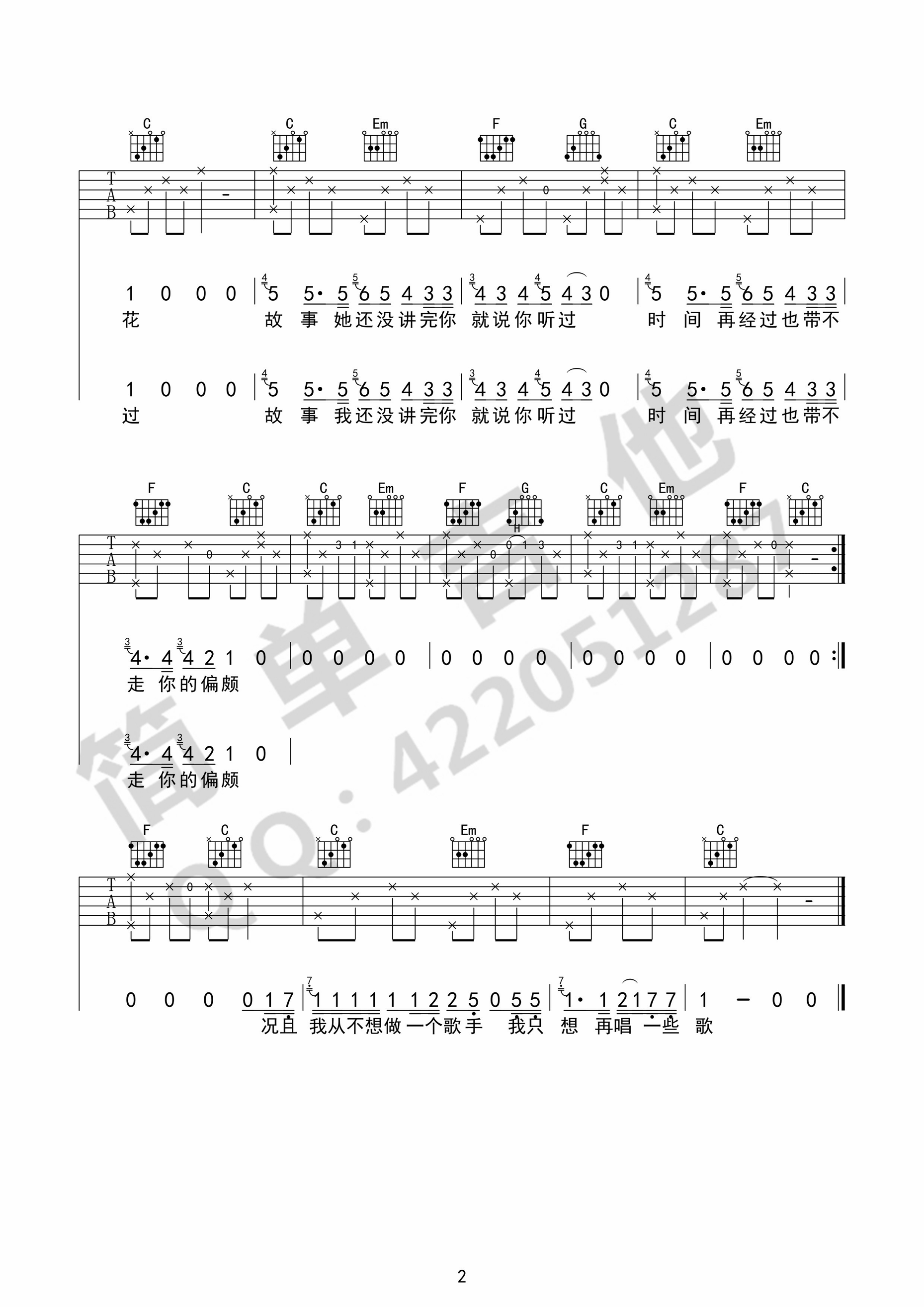 花粥《碌碌》吉他谱(C调)-Guitar Music Score