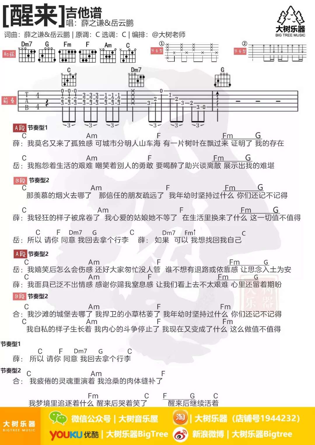 薛之谦,岳云鹏《醒来》吉他谱(C调)-Guitar Music Score