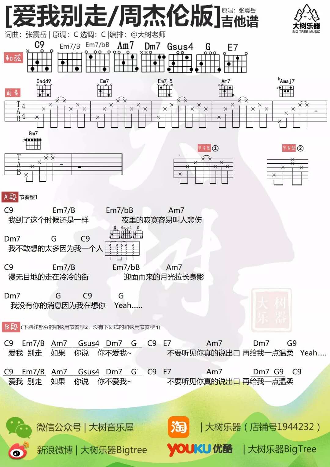 张震岳《爱我别走》吉他谱(C调)-Guitar Music Score