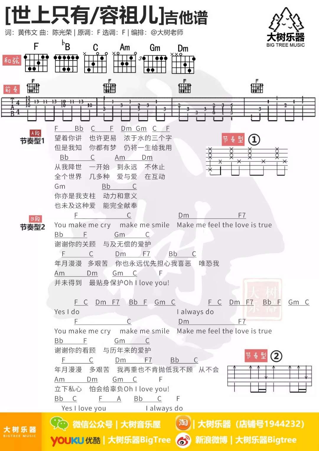 容祖儿《世上只有》吉他谱(F调)-Guitar Music Score