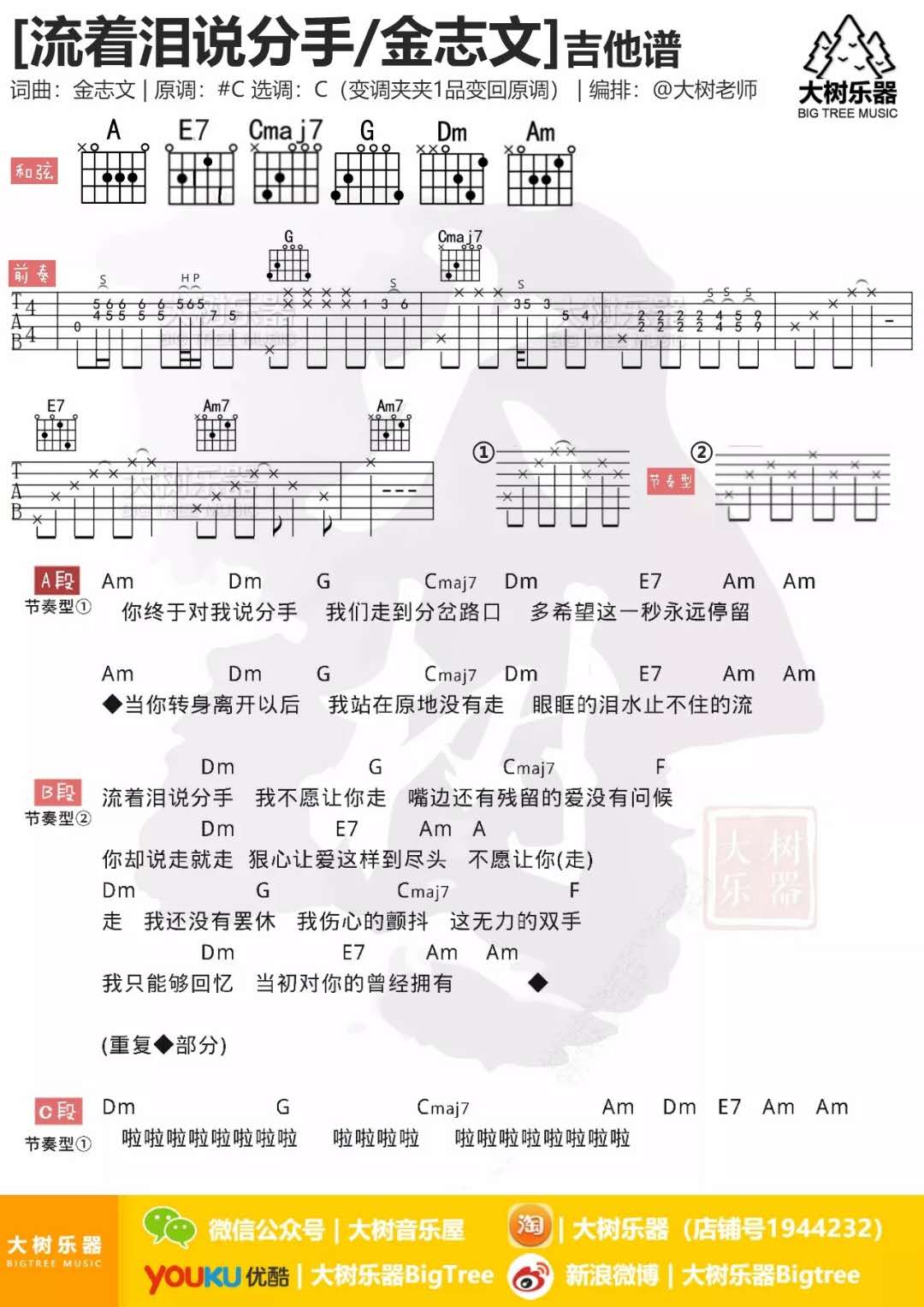 金志文《流着泪说分手》吉他谱(C调)-Guitar Music Score