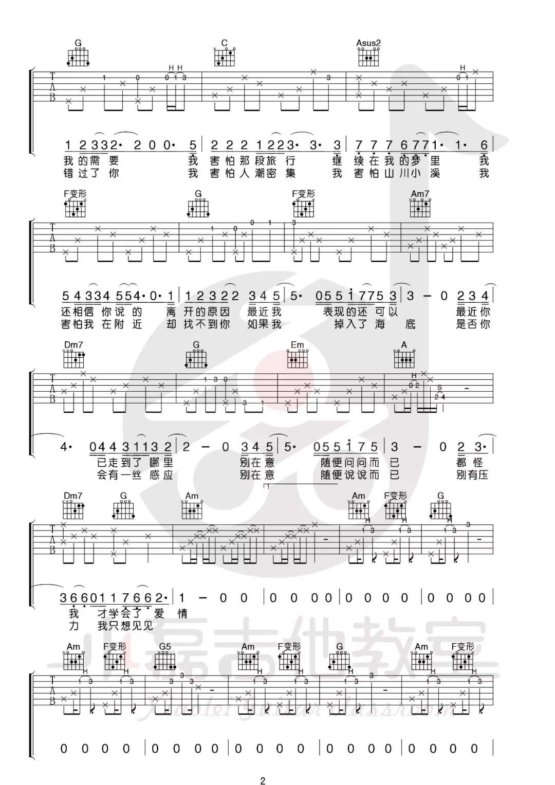 薛之谦《我害怕》吉他谱(C调)-Guitar Music Score