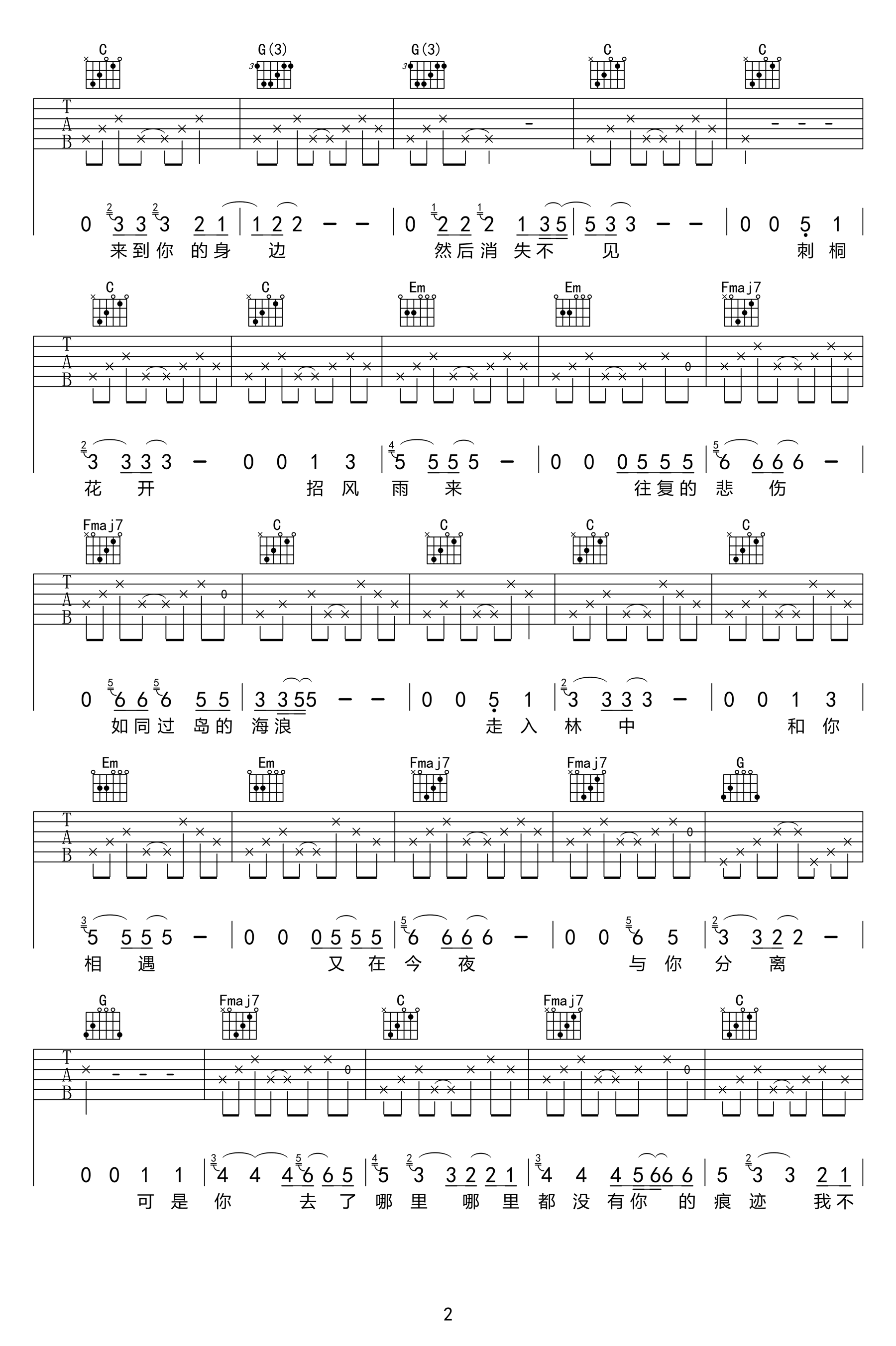 汤旭《岛歌》吉他谱(C调)-Guitar Music Score