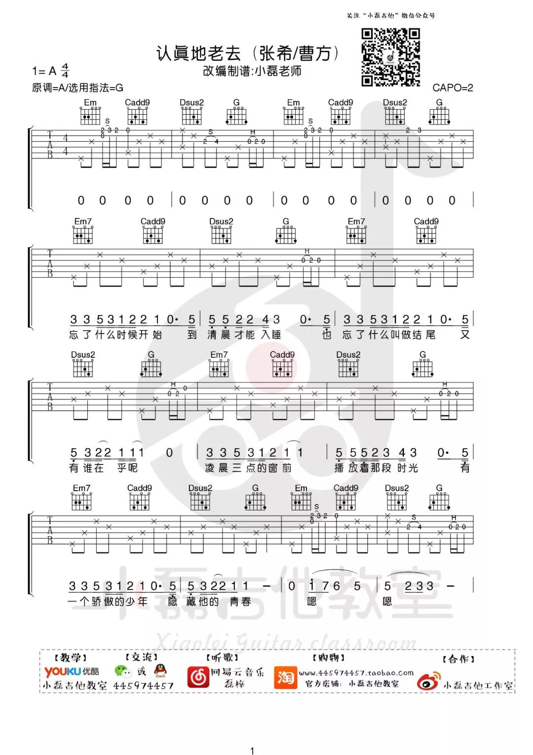 张希,曹方《认真地老去》吉他谱(G调)-Guitar Music Score