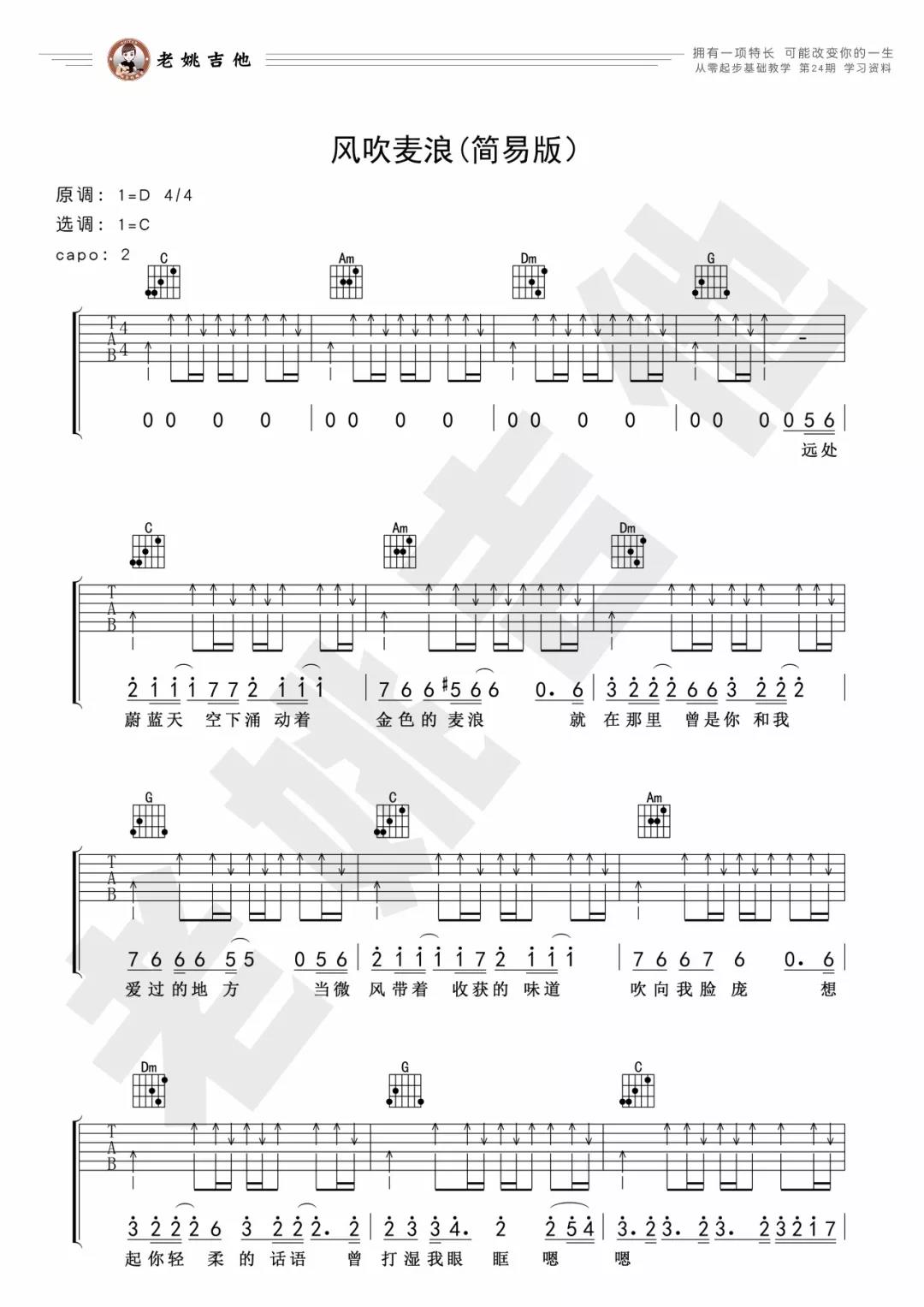 李健《风吹麦浪》吉他谱(C调)-Guitar Music Score