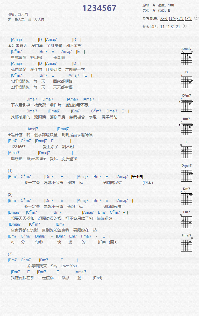 方大同《1234567》吉他谱(A调)-Guitar Music Score