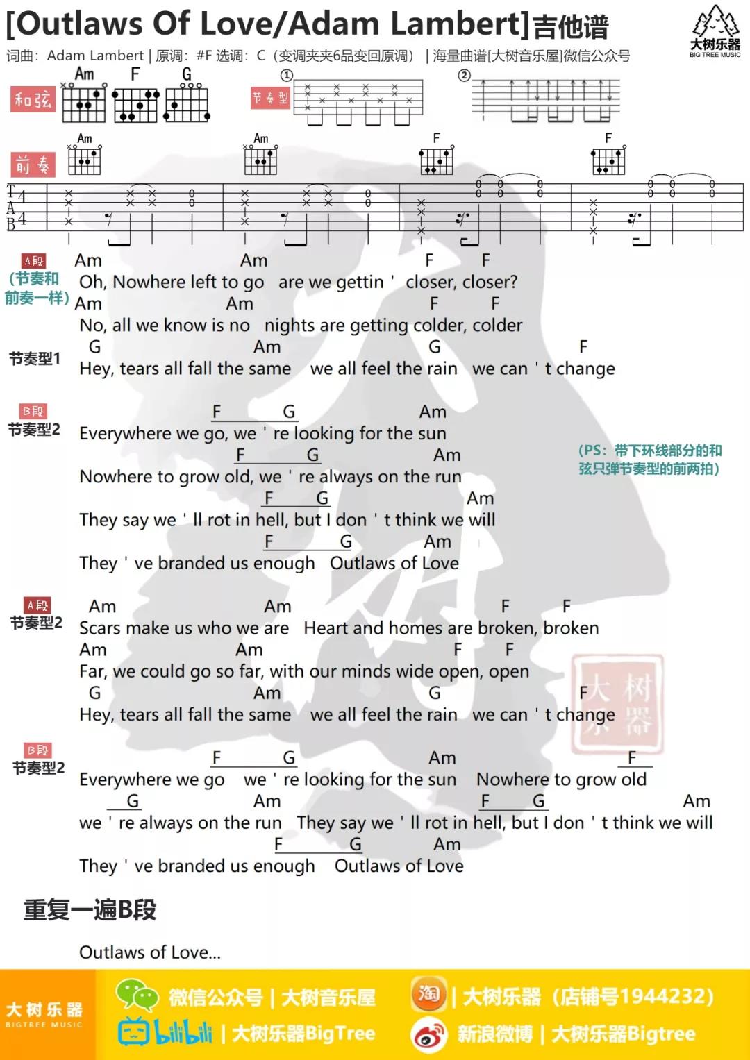 Adam,Lambert《Outlaws Of Love》吉他谱(C调)-Guitar Music Score