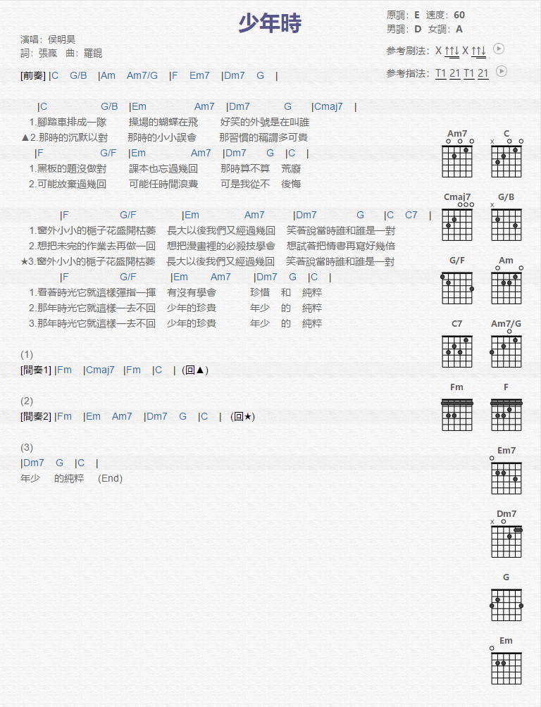 侯明昊《少年时》吉他谱(E调)-Guitar Music Score