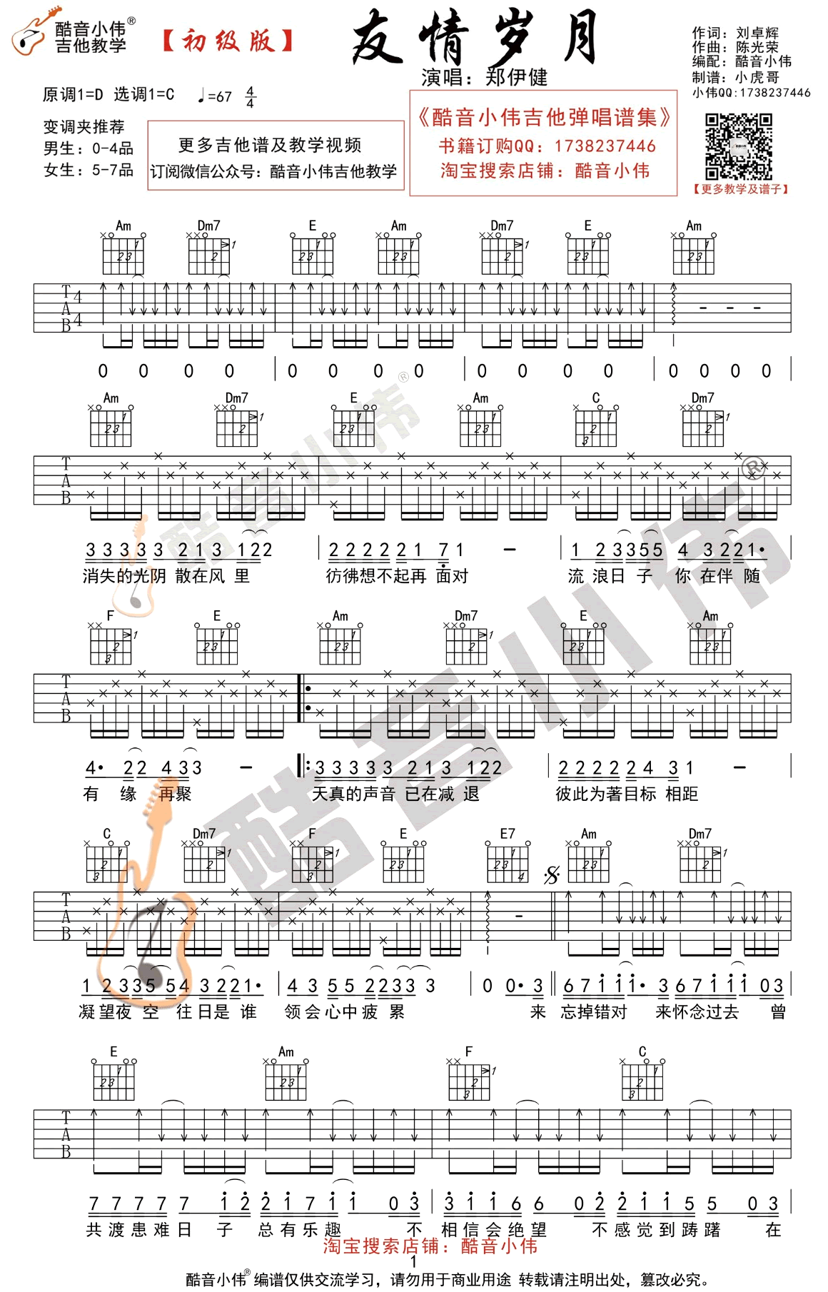 郑伊健《友情岁月 简单版 》吉他谱(C调)-Guitar Music Score