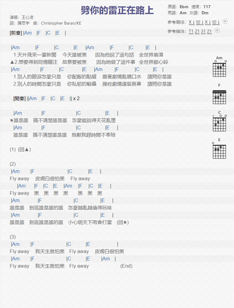 王心凌《劈你的雷正在路上》吉他谱(降Em调)-Guitar Music Score