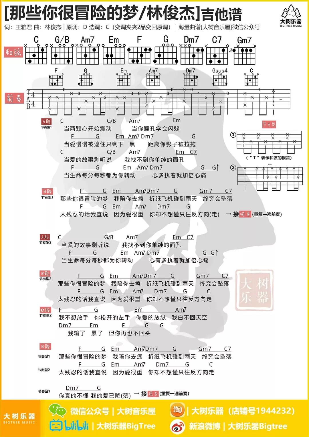 林俊杰《那些你很冒险的梦》吉他谱(C调)-Guitar Music Score