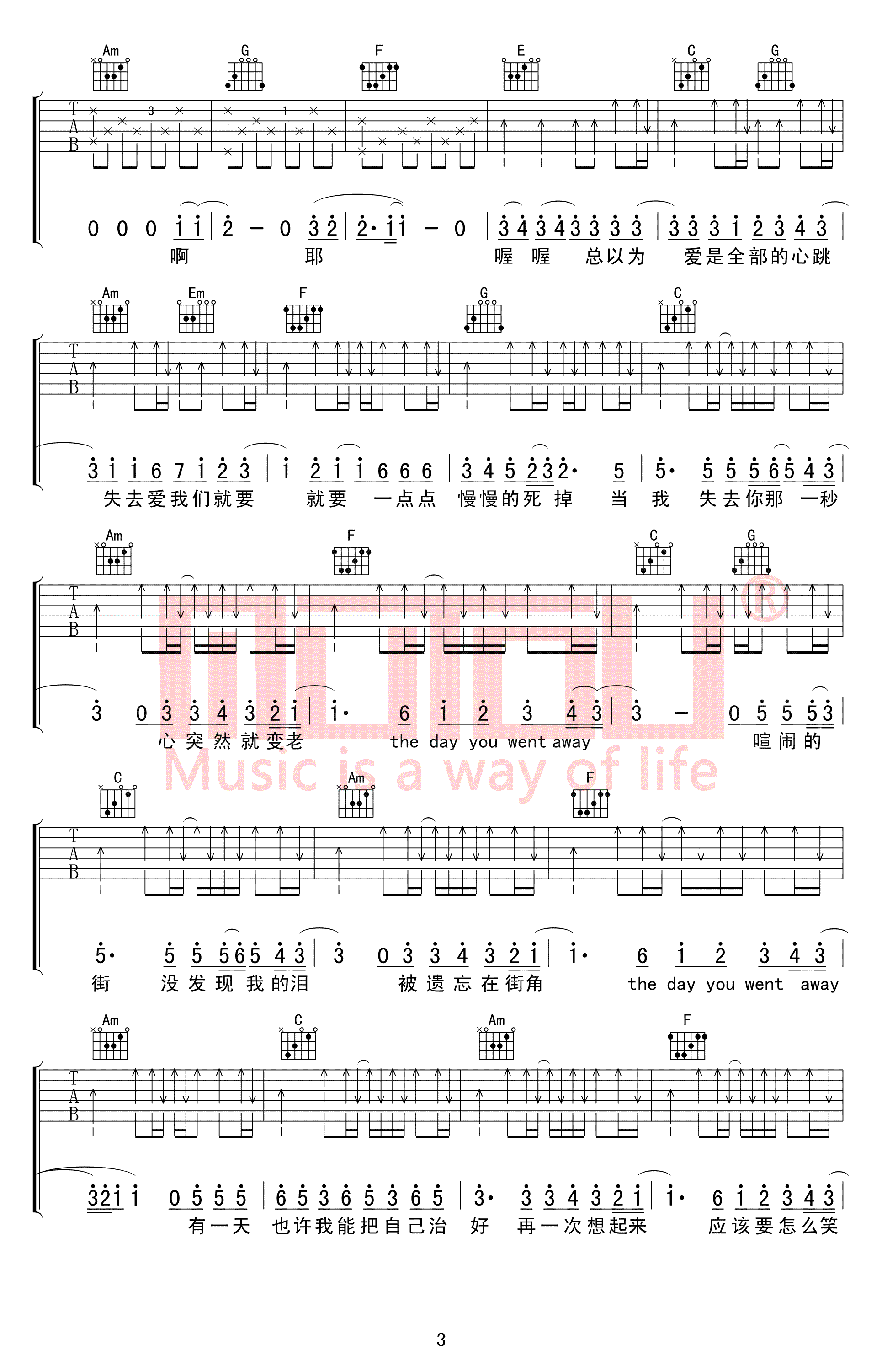 王心凌《第一次爱的人》吉他谱(C调)-Guitar Music Score