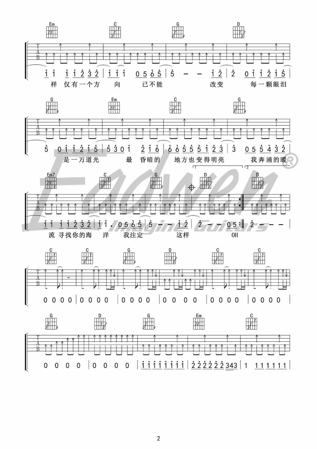 逃跑计划《一万次悲伤》吉他谱(G调)-Guitar Music Score