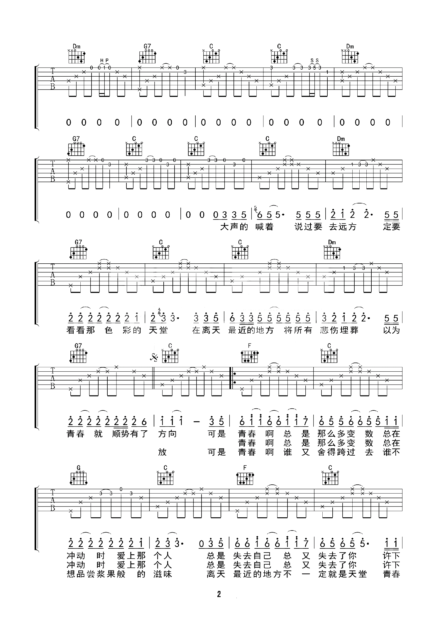 赵雷《青春无处安放》吉他谱(C调)-Guitar Music Score