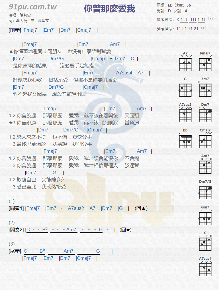 陈势安《你曾经那么爱我》吉他谱(D调)-Guitar Music Score