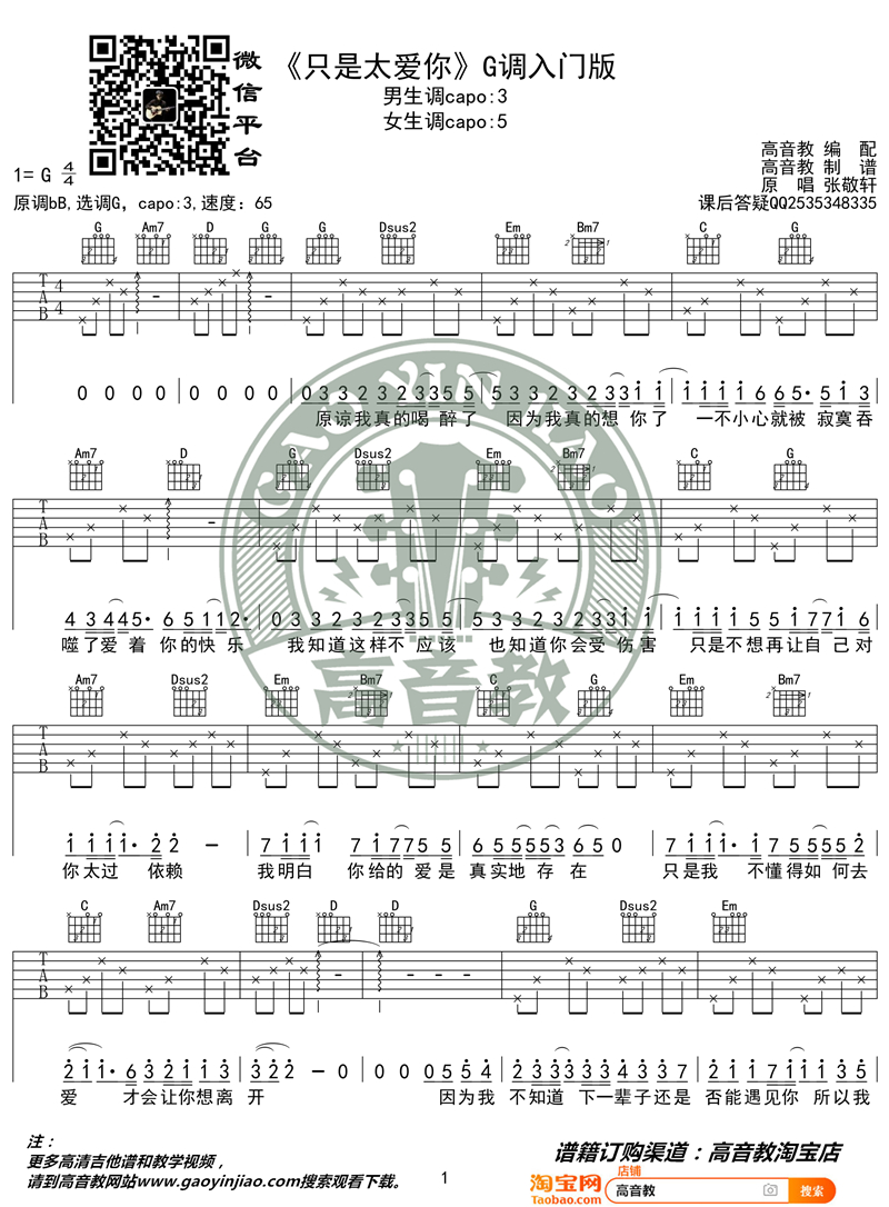 张泽熙《只是太爱你》吉他谱(G调)-Guitar Music Score