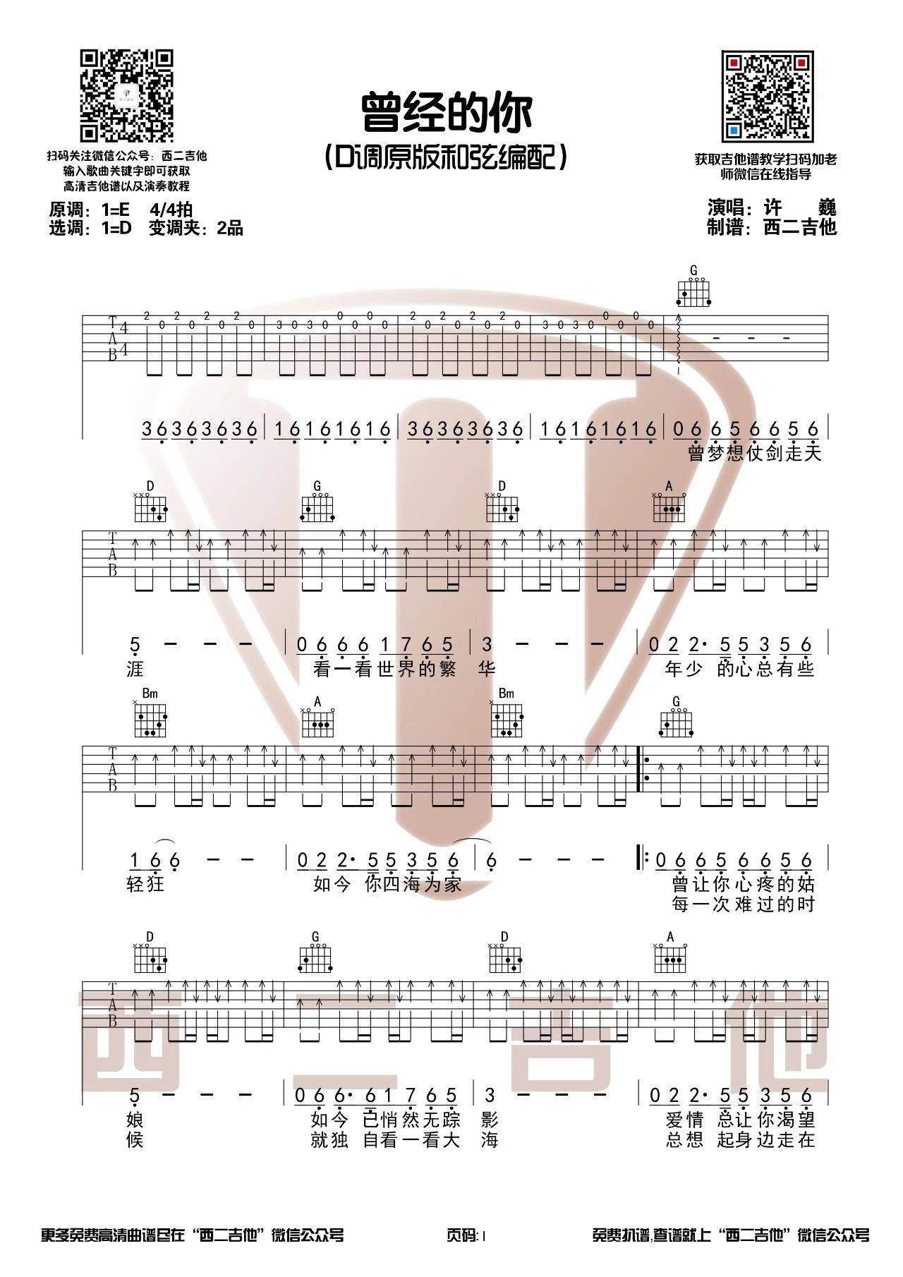 许巍《曾经的你》吉他谱(D调)-Guitar Music Score