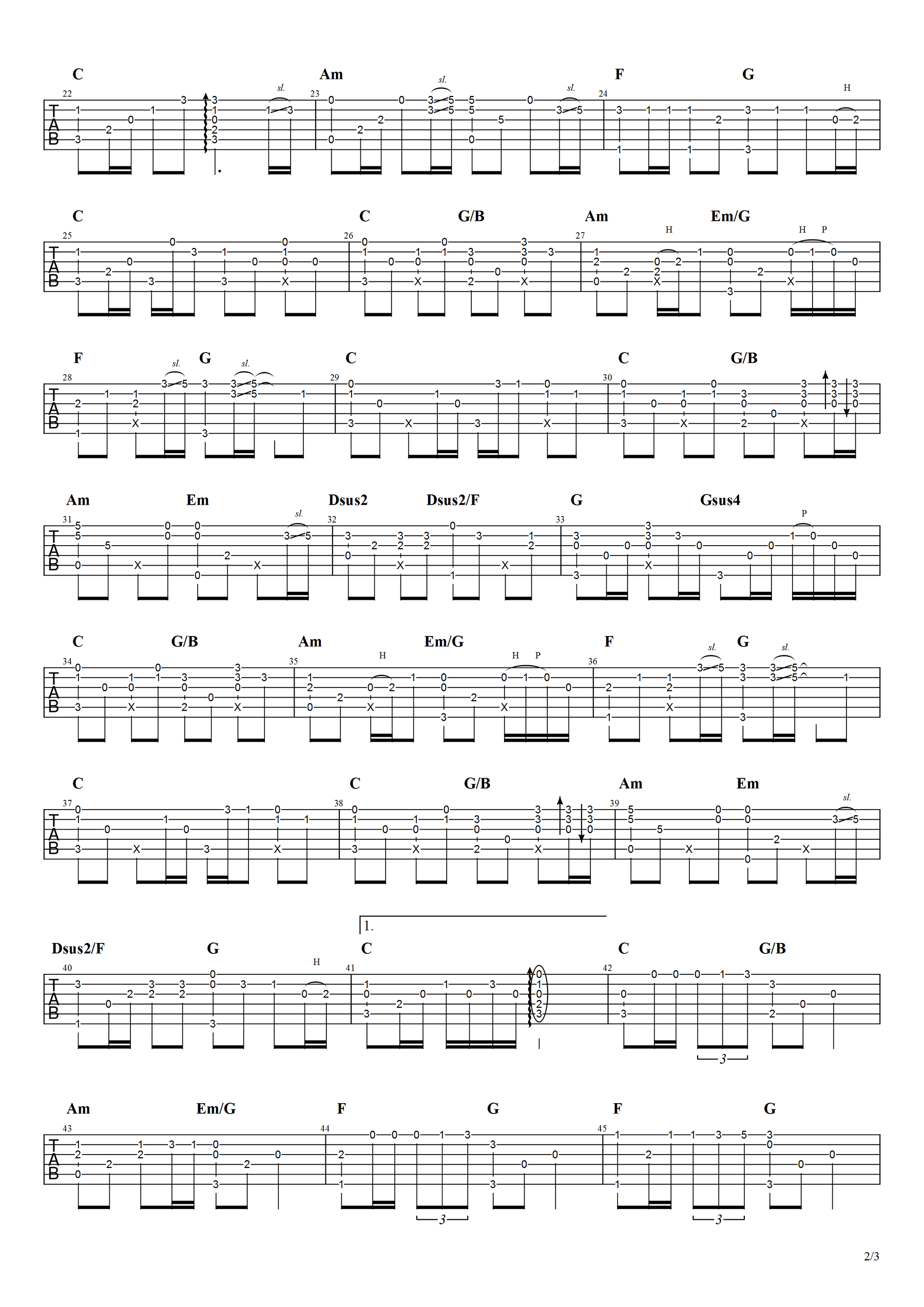 黄莺莺《哭砂 指弹 》吉他谱(C调)-Guitar Music Score