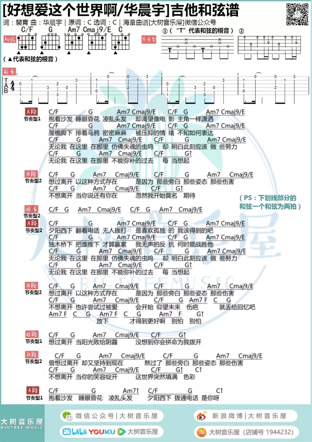 华晨宇《好想爱这个世界啊》吉他谱(C调)-Guitar Music Score