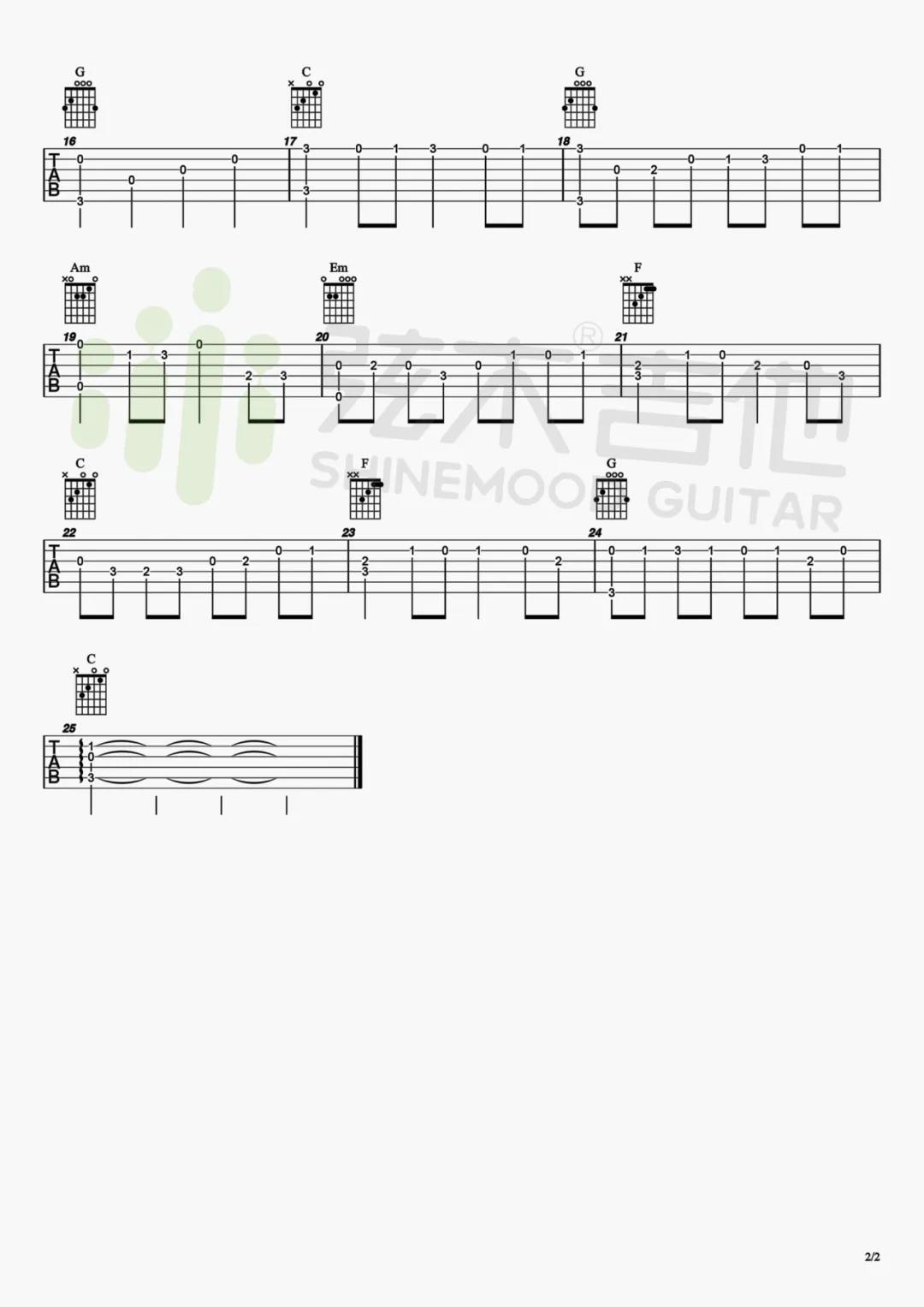 名曲《卡农 指弹 》吉他谱(C调)-Guitar Music Score