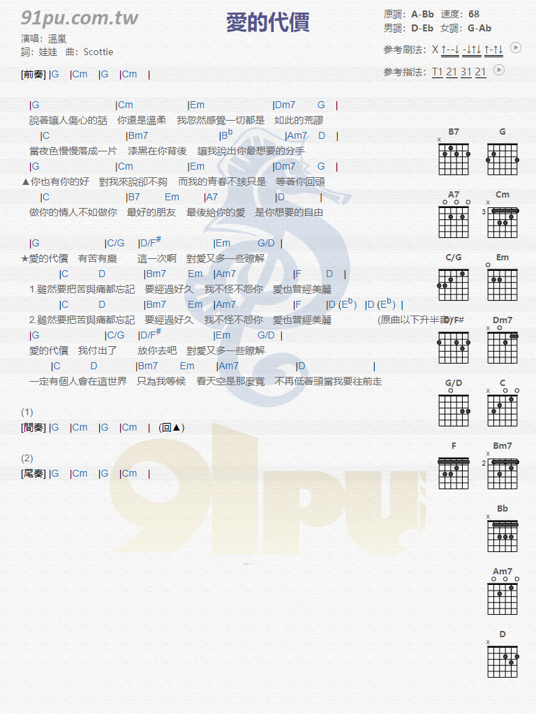 温岚《爱的代价》吉他谱(A调)-Guitar Music Score