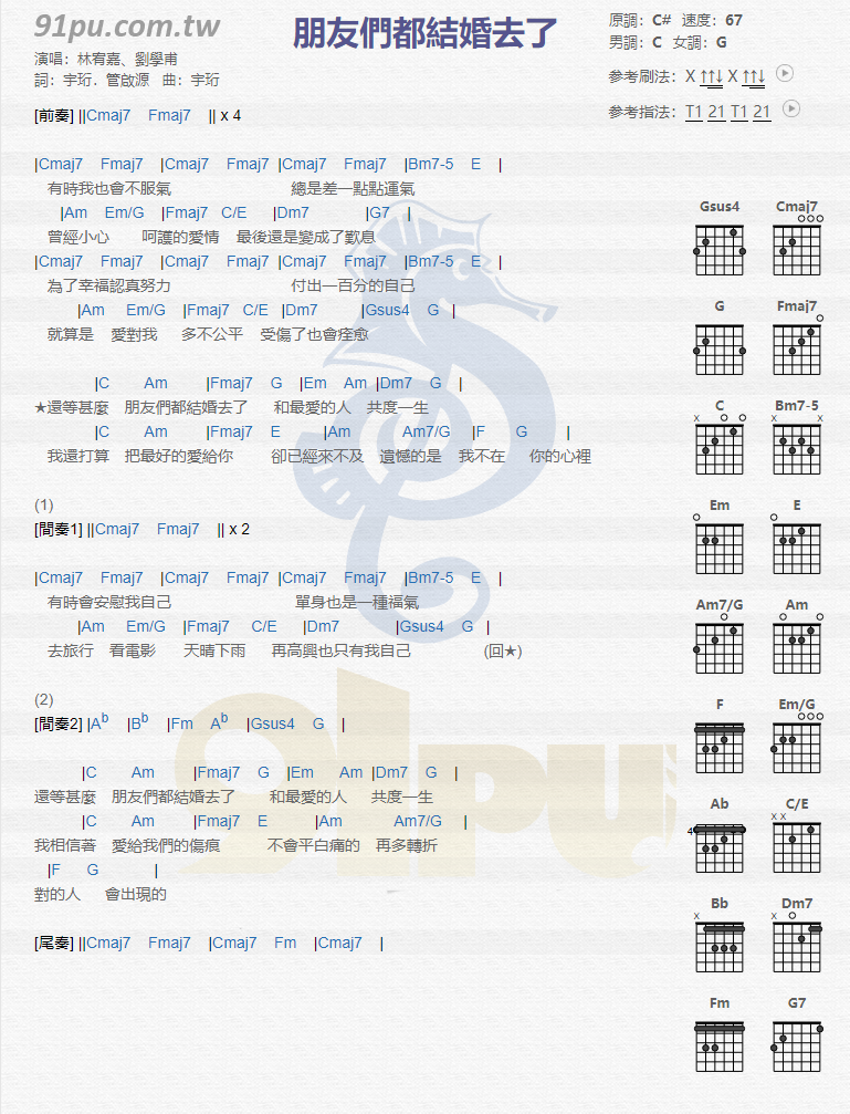 林宥嘉,刘学甫《朋友们都结婚去了》吉他谱(C调)-Guitar Music Score