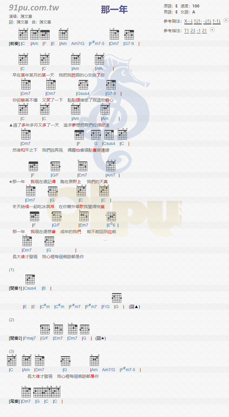 陈文华《那一年》吉他谱(E调)-Guitar Music Score